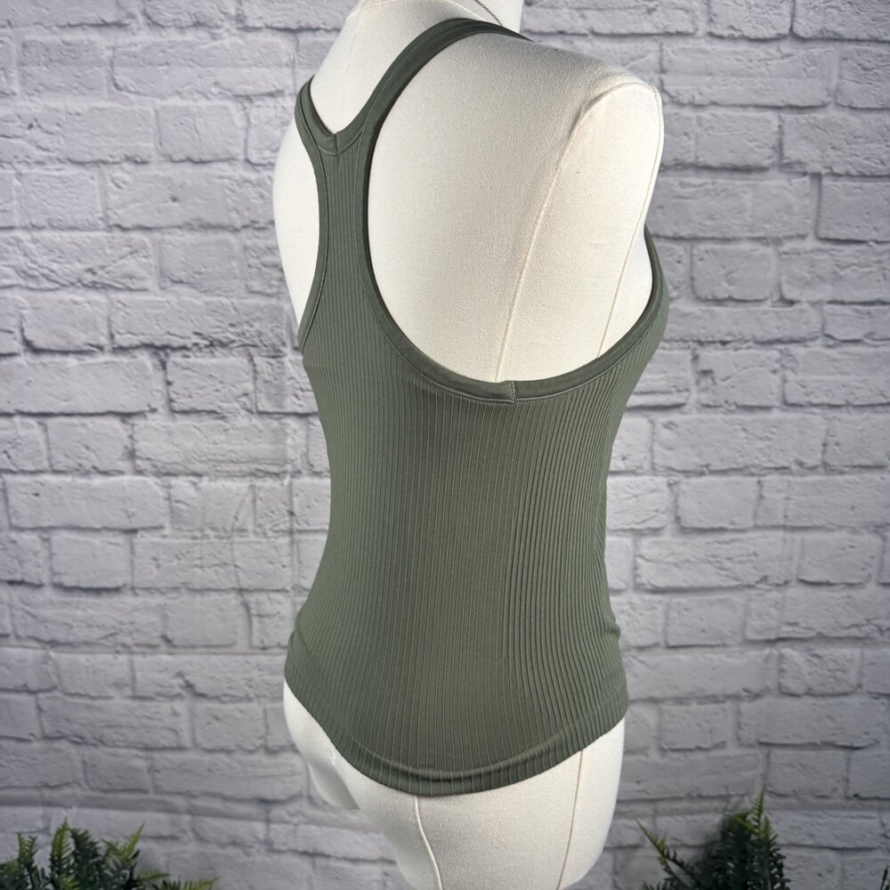 Olive Green Ribbed Racerback Tank Top M Fitted Basic - Picture 5 of 6